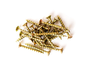 Bunch of yellow zinc coated steel screws isolated on white background. Fasteners