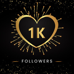 Thank you 1k or 1 thousand followers with gold heart, fireworks and golden bokeh isolated on black background. Premium design for poster, social media story, social sites posts, banner.