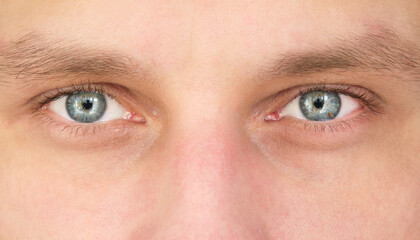 Close-up of the grey-blue eyes of a young man looking at the camera. Calm look of a confident person. Natural light. Focus on the eyes.