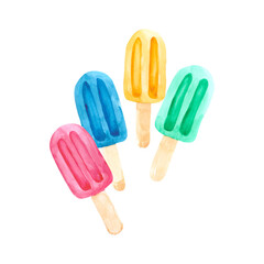 Collection of fruit ice cream on a stick, on a white background. Watercolor drawing for decorating postcards, menus and posters about food and desserts.