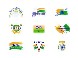 Happy independence day 15 august indian freedom day celebration emblem, logo and badges set. - obrazy, fototapety, plakaty