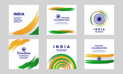 Set of 6 card design fro celebration of indian freedom day, 15 august happy independence day. - obrazy, fototapety, plakaty