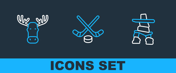 Set line Inukshuk, Moose head with horns and Ice hockey sticks and puck icon. Vector