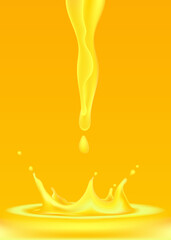 3D vector realistic illustration set, liquid splash and pour, realistic natural dairy products, orange, mango juice, oil splatter drops, isolated on yellow background. Print, template, design element