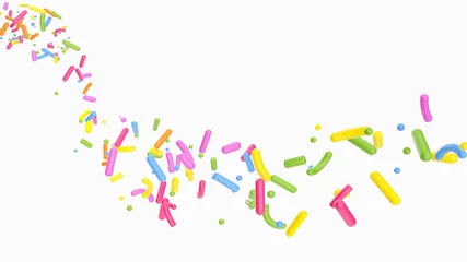 Foto op Plexiglas Illustration of 3d flying sprinkles on a white background © Wahaj Ali Khan/Wirestock Creators