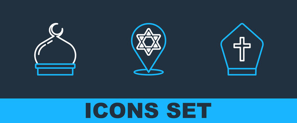 Set line Pope hat, Muslim Mosque and Star of David icon. Vector
