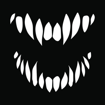 Vampire teeth. Horror monster fangs silhouette. Vector isolated on black background.