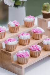 many cup cake on wood shelf in wedding ceremony and birthday party.concept for food and desert in party
