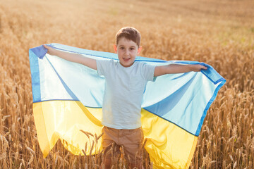 Boy with ukrainian flag in wheat