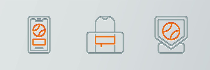 Set line Baseball base, Mobile with baseball and Sport bag icon. Vector