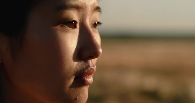 Close up of Asian woman with brown eyes, focused looking at the sunset in field