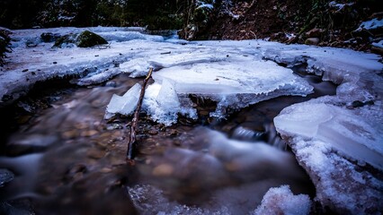 Closeup of streaming water with a silky effect under frozen ice