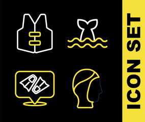 Set line Whale tail, Diving hood, Flippers for swimming and Life jacket icon. Vector