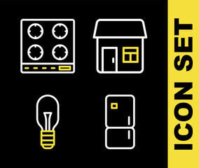 Set line House, Refrigerator, Light bulb and Gas stove icon. Vector