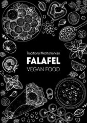 Falafel cooking and ingredients for falafel, sketch illustration. Middle eastern cuisine frame. Street food, design elements. Hand drawn, menu and package design. Vegan food.