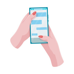 Hands hold a phone. Concepts of internet network communications. People chatting and chatting together on social networks. Woman holding a phone or tablet in her hand. Vector illustration.