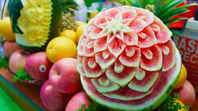 Closeup shot of watermelon carving with other fruits