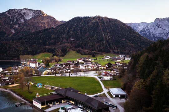 Aerial view of a small village near the Achen Lake in Austria