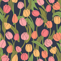 Seamless pattern with tulips. Hand drawn elements for your design. Can be used on packaging paper, fabric, background