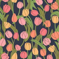 Seamless pattern with tulips. Hand drawn elements for your design. Can be used on packaging paper, fabric, background