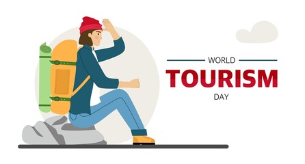 World Tourism Day banner for the holiday. A male traveler is engaged in hiking Hiking with a backpack A tourist in the mountains Vector illustration