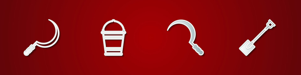 Set Sickle, Bucket, and Garden shovel icon. Vector