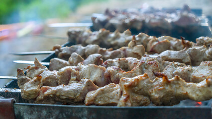 Selective focus. Cooking barbecue on the mangal in nature. Grilled tasty meet cooking on the party
