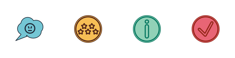 Set Speech bubble with angry smile, Five stars rating review, Information and Check mark circle icon. Vector