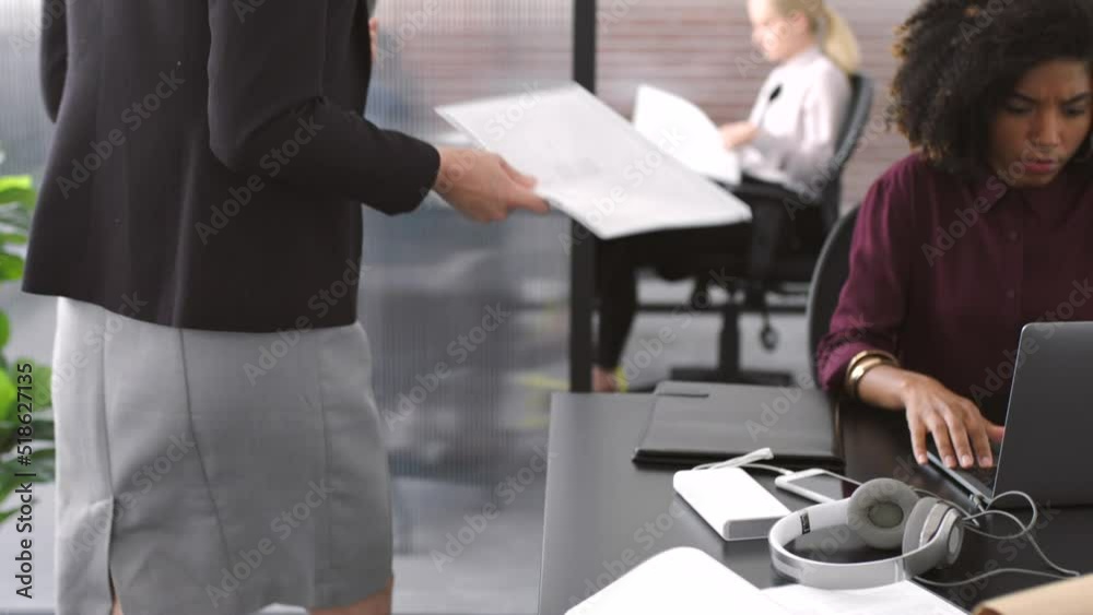 Poster corporate manager collaborating with staff on a professional project, using paperwork and documents 