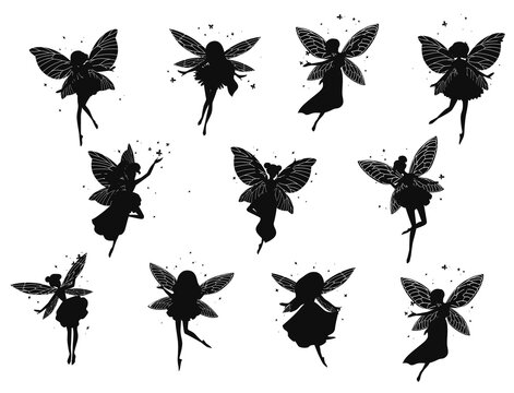 Funny gorgeous fairies different dresses isolated Vectors Silhouettes