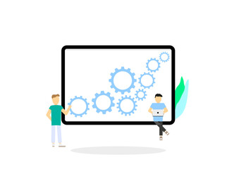Business concept, illustration, people are engaged in teamwork. A person checks the operability of gears. A man is working on a laptop. Business analytics, promotion. Background of gears in the tablet