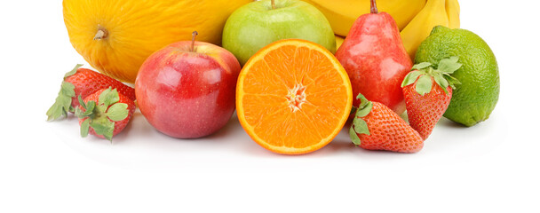 Fruits isolated on white background. Wide photo.