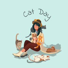 Pretty young girl and her cats isolated on blue background. Portrait of adorable pet owner and cute domestic animals. Colorful vector illustration in flat cartoon style.