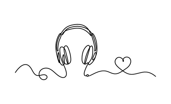 Abstract headphones with heart as continuous lines drawing on white background