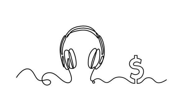 Abstract headphones with dollar as continuous lines drawing on white background