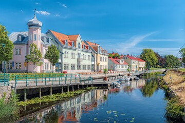 Scenic view of one of the streets by the canal in Ronneby, Sweden.
