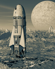 Obraz premium rocket on the red planet with a moon on the background