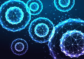 Human cells under microscope on dark blue backgound in futuristic glowing low polygonal style © Inna