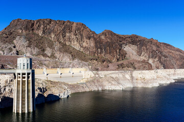 View of record low water level of Lake Mead, key reservoir along Colorado River, during severe...