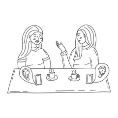Two girls are talking in cafe over a cup of tea or coffee. Phones eavesdrop on the conversation. Listening technology. Black and white vector isolated illustration hand drawn contour