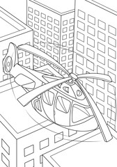 The helicopter is flying over the city. Funny coloring book for boys. Vector illustration