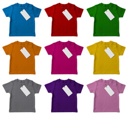 Colorful baby t-shirts with label isolated on white background.
