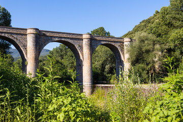 Fototapeta na wymiar Pont de Ceps à Roquebrun, en arc à six arches datant du XIXe siècle et traversant la rivière de l'Orb