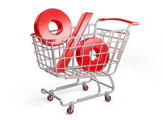 shopping cart with percent symbol in 3d render - obrazy, fototapety, plakaty