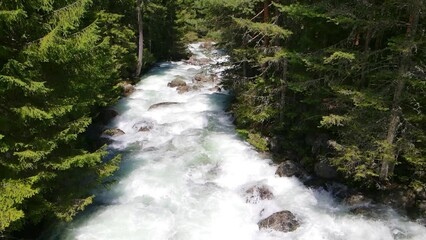 Aerial slow motion of the Glazne river in the wild nature in Bulgaria.