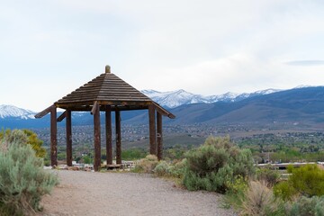 Wooden pavilion at Huffaker Park in Reno, Nevada