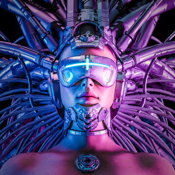 Hardwired queen - 3D illustration of science fiction masked female alien android artificial intelligence