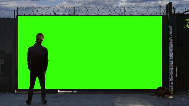 Man Standing Security Fence Wired Gate Green Screen. Man standing in front of a security fence green screen. Stray cat eating on the ground