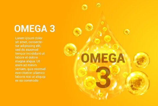 Vitamin OMEGA 3. Baner with vector images of golden drops with oxygen bubbles. Health concept.