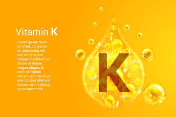 Vitamin K. Baner with vector images of golden drops with oxygen bubbles. Health concept.